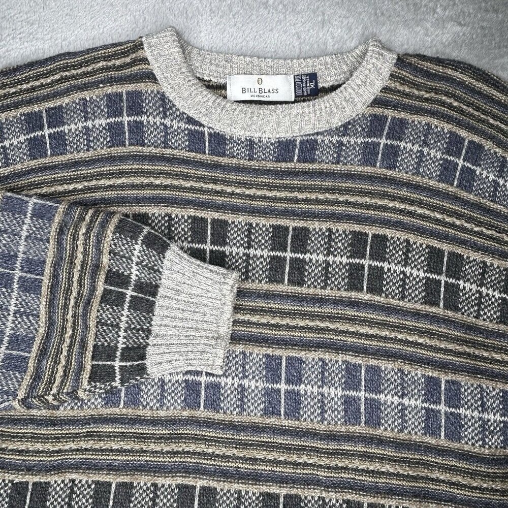Vintage Bill Blass Sweater Mens Extra Large Blue Tan Grandpa 3D Textured Retro